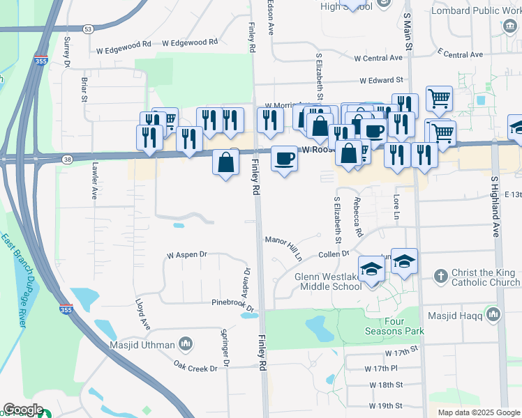 map of restaurants, bars, coffee shops, grocery stores, and more near 1301 South Finley Road in Lombard