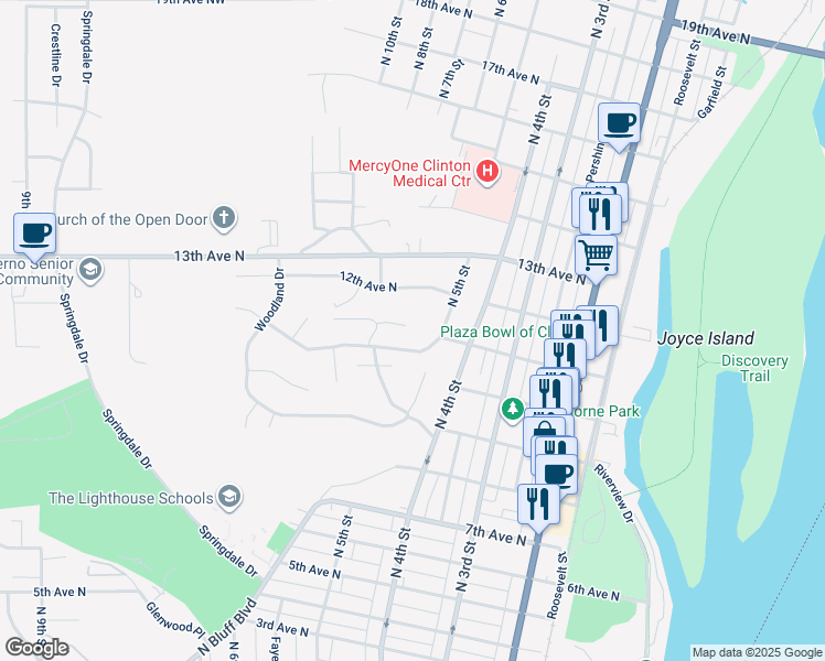 map of restaurants, bars, coffee shops, grocery stores, and more near 1106 North 5th Street in Clinton