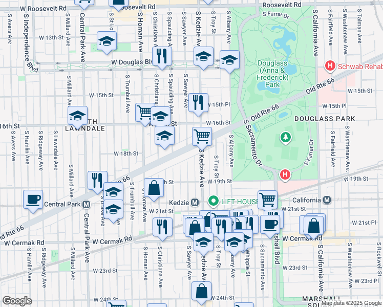 map of restaurants, bars, coffee shops, grocery stores, and more near 3221 West Ogden Avenue in Chicago