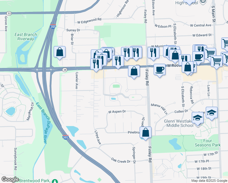 map of restaurants, bars, coffee shops, grocery stores, and more near 1300 Sycamore Court in Lombard