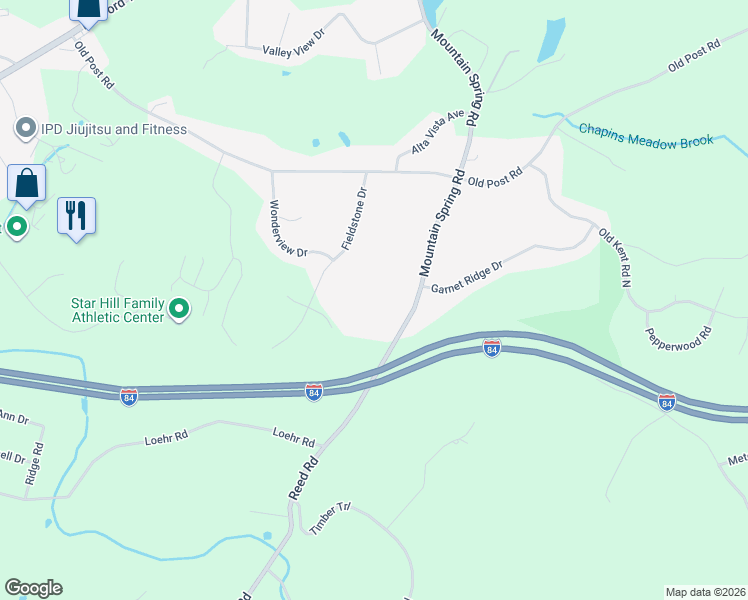 map of restaurants, bars, coffee shops, grocery stores, and more near 246 Mountain Spring Road in Tolland