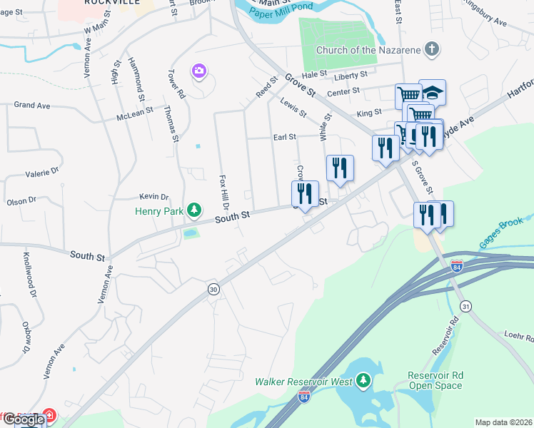 map of restaurants, bars, coffee shops, grocery stores, and more near 49 South Street in Vernon