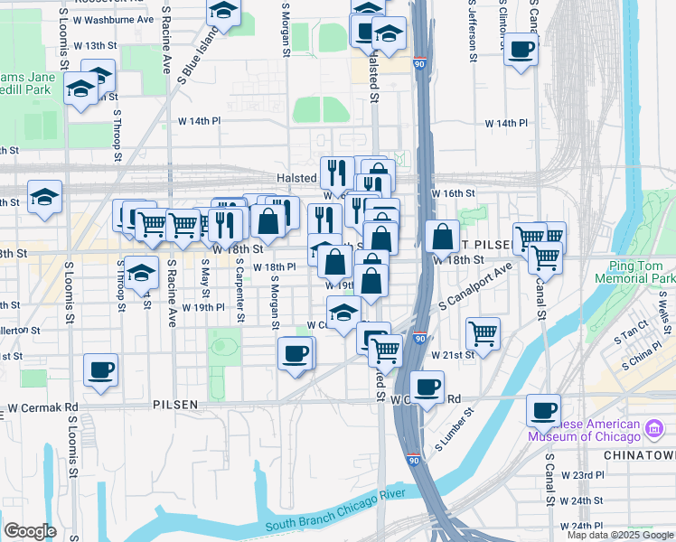 map of restaurants, bars, coffee shops, grocery stores, and more near 1817 South Peoria Street in Chicago