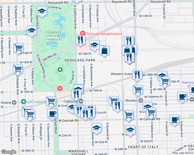 map of restaurants, bars, coffee shops, grocery stores, and more near 2700 West 18th Street in Chicago