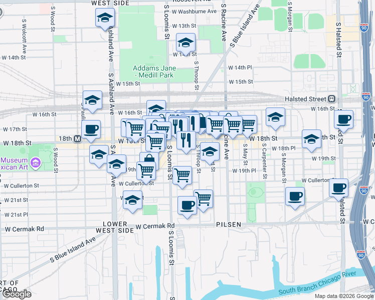 map of restaurants, bars, coffee shops, grocery stores, and more near 1322 West 18th Place in Chicago