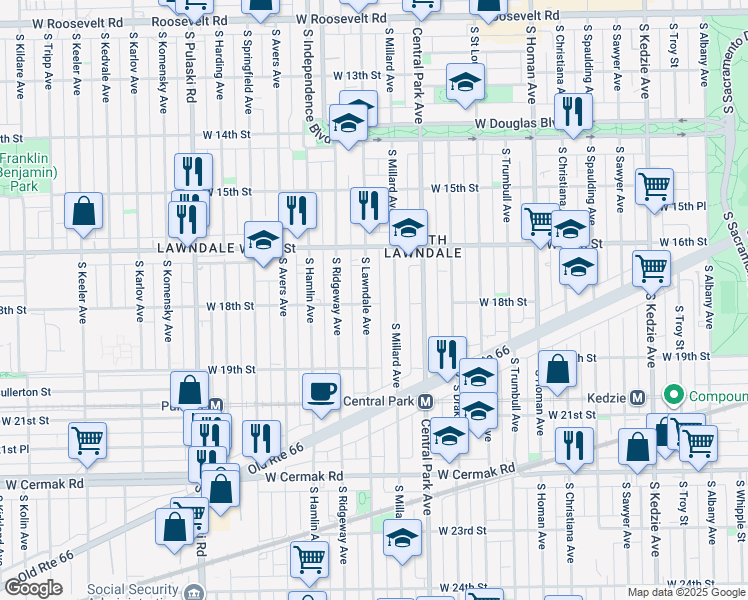 map of restaurants, bars, coffee shops, grocery stores, and more near 3650 West 18th Street in Chicago