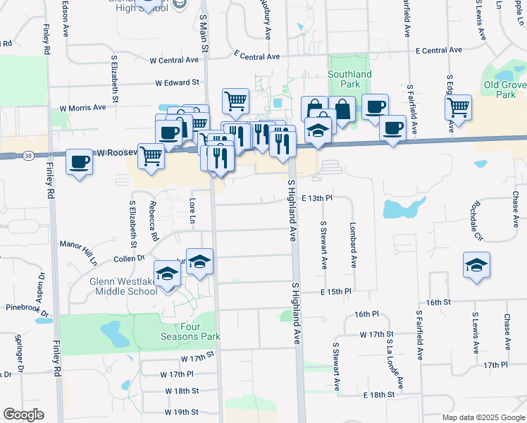 map of restaurants, bars, coffee shops, grocery stores, and more near 111 East 13th Place in Lombard