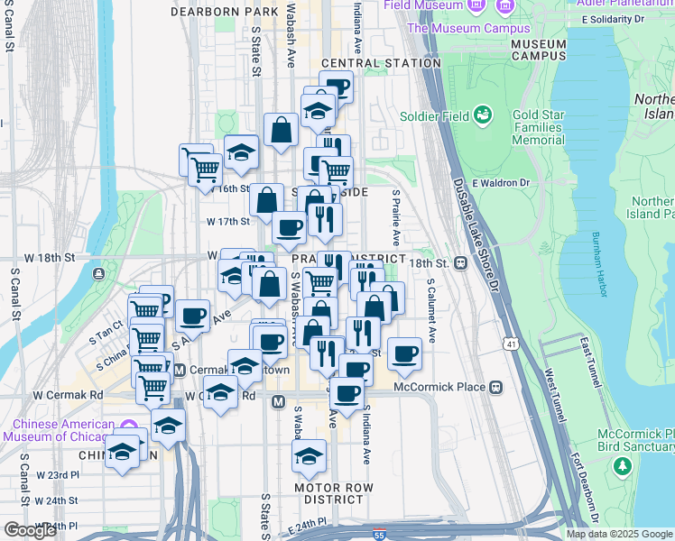 map of restaurants, bars, coffee shops, grocery stores, and more near 1819 South Michigan Avenue in Chicago