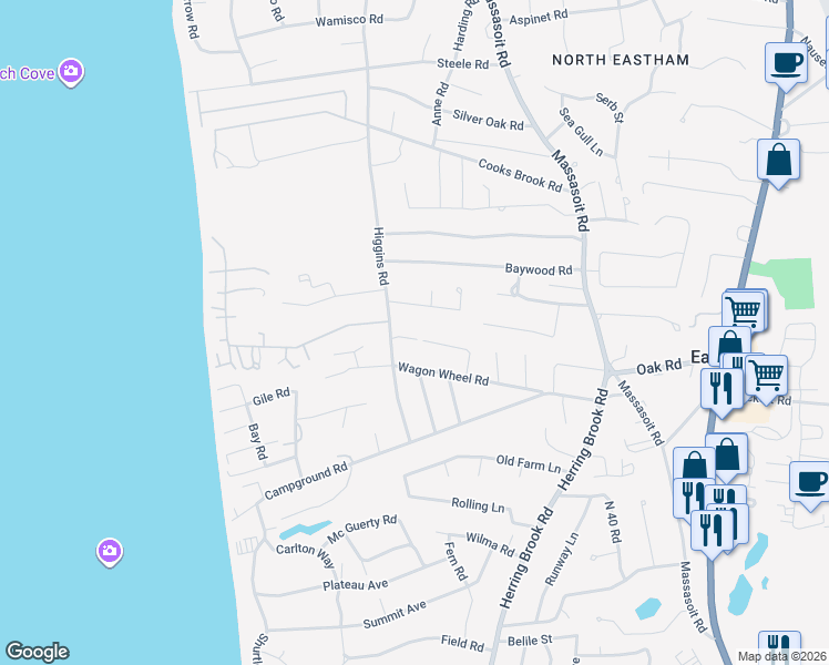 map of restaurants, bars, coffee shops, grocery stores, and more near 5 Geoffry Road in Eastham