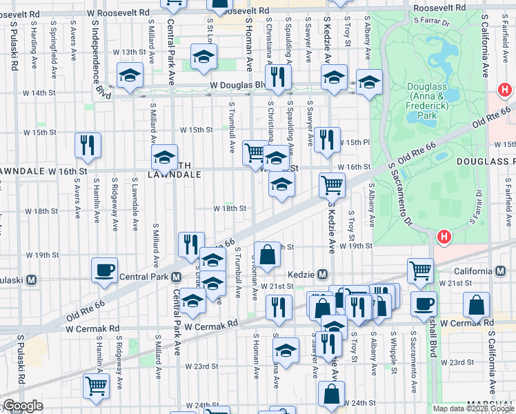map of restaurants, bars, coffee shops, grocery stores, and more near 1650 South Christiana Avenue in Chicago