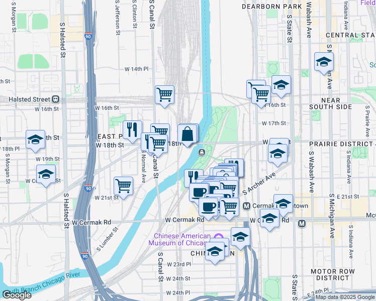 map of restaurants, bars, coffee shops, grocery stores, and more near 329 West 18th Street in Chicago