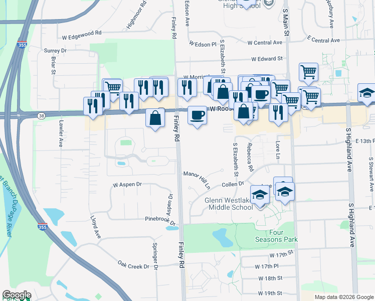 map of restaurants, bars, coffee shops, grocery stores, and more near 1301 South Finley Road in Lombard