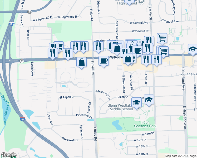 map of restaurants, bars, coffee shops, grocery stores, and more near 1301 South Finley Road in Lombard