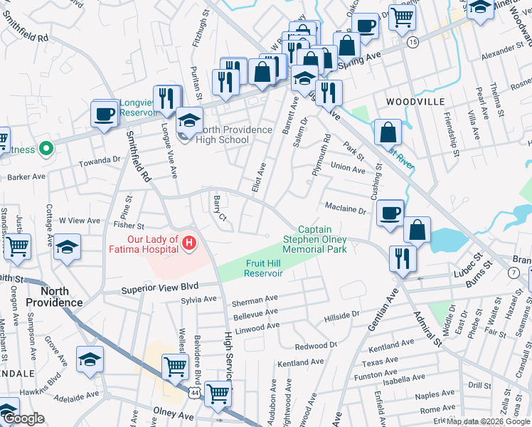 map of restaurants, bars, coffee shops, grocery stores, and more near 9 Cresant Drive in North Providence