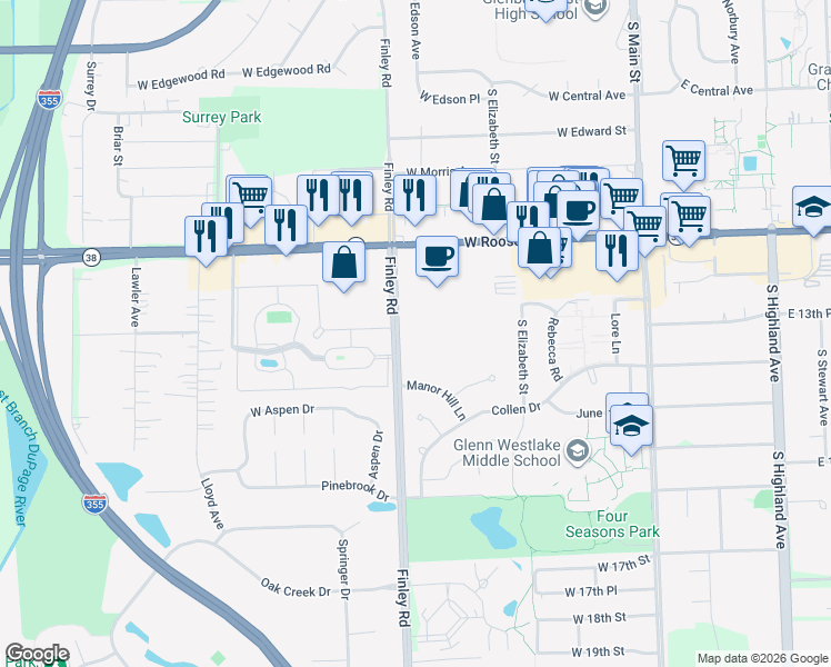map of restaurants, bars, coffee shops, grocery stores, and more near 1301 South Finley Road in Lombard