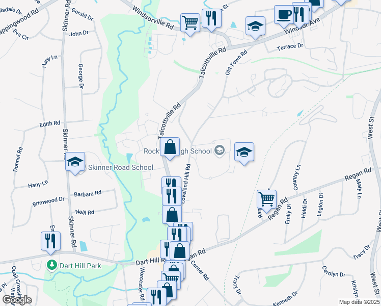 map of restaurants, bars, coffee shops, grocery stores, and more near 70 Loveland Hill Road in Vernon