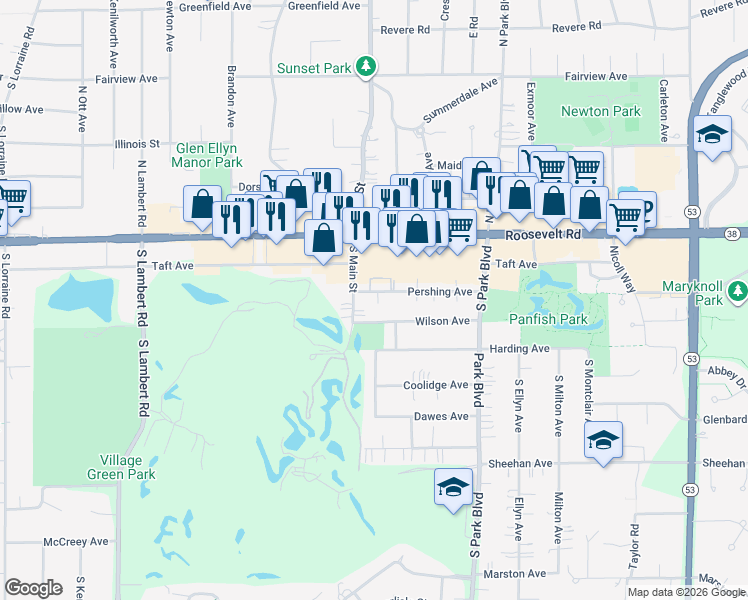map of restaurants, bars, coffee shops, grocery stores, and more near 529 Pershing Avenue in Glen Ellyn
