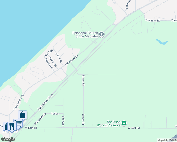 map of restaurants, bars, coffee shops, grocery stores, and more near 8290 Wilson in Three Oaks