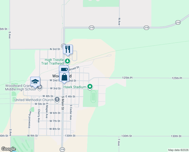 map of restaurants, bars, coffee shops, grocery stores, and more near 404 East 2nd Street in Woodward