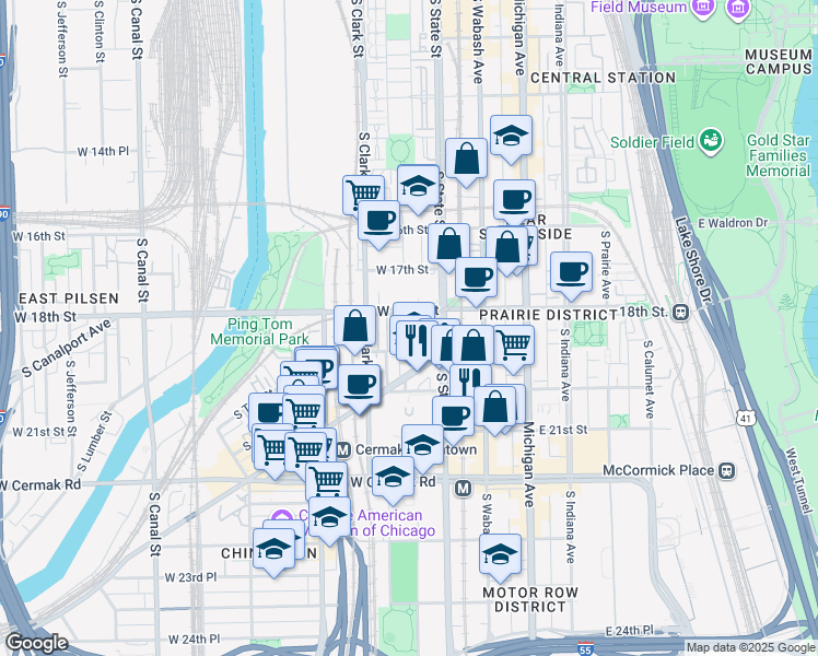 map of restaurants, bars, coffee shops, grocery stores, and more near 21 West 18th Street in Chicago