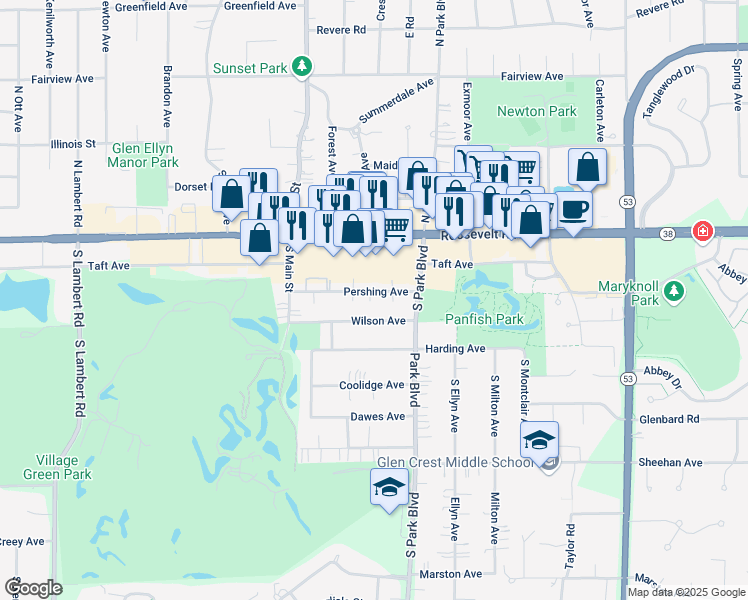 map of restaurants, bars, coffee shops, grocery stores, and more near 579 Pershing Avenue in Glen Ellyn