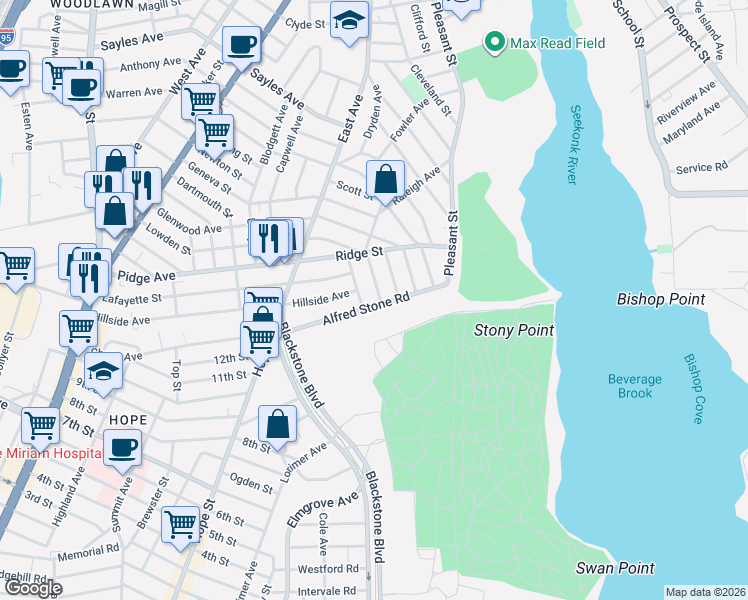 map of restaurants, bars, coffee shops, grocery stores, and more near 65 Alfred Stone Road in Pawtucket