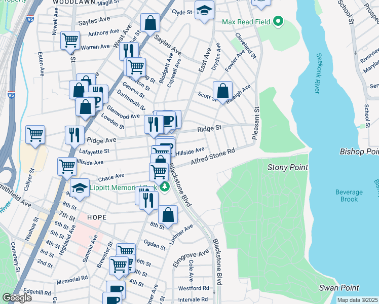 map of restaurants, bars, coffee shops, grocery stores, and more near 250 Hillside Avenue in Pawtucket