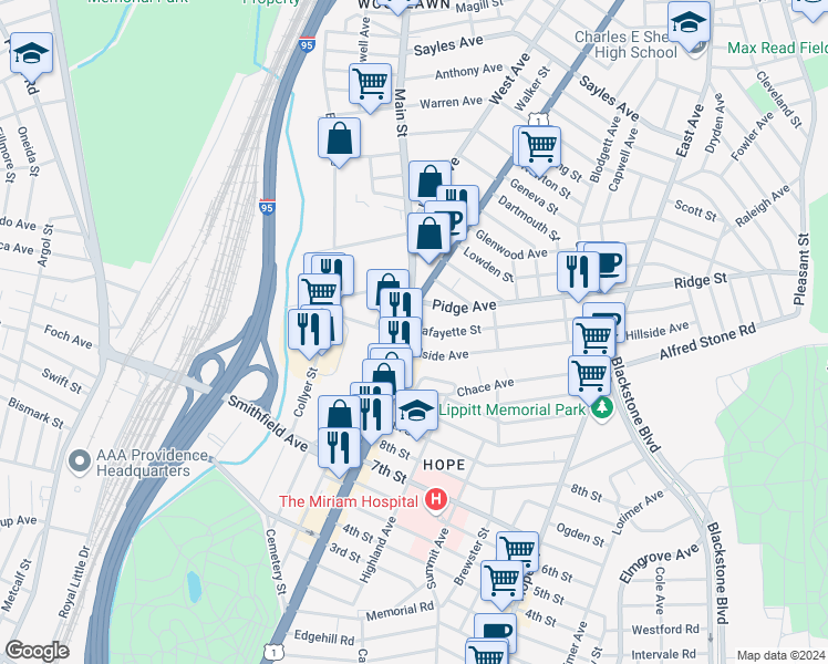 map of restaurants, bars, coffee shops, grocery stores, and more near 588 Pawtucket Avenue in Pawtucket