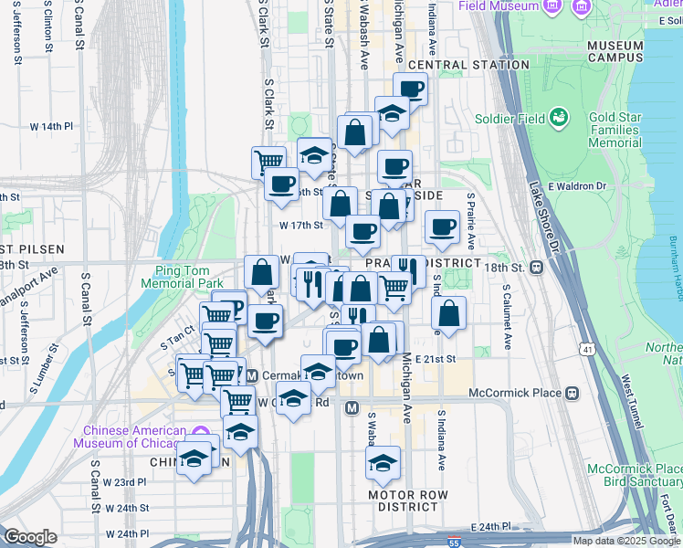 map of restaurants, bars, coffee shops, grocery stores, and more near 1805 South State Street in Chicago
