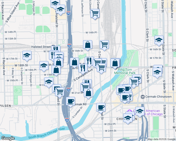 map of restaurants, bars, coffee shops, grocery stores, and more near 541 West 18th Street in Chicago