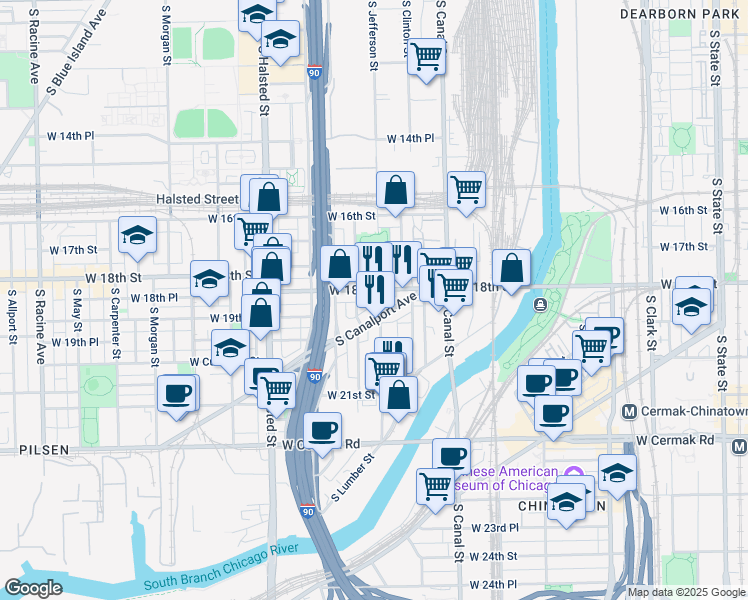 map of restaurants, bars, coffee shops, grocery stores, and more near 1800 South Jefferson Street in Chicago