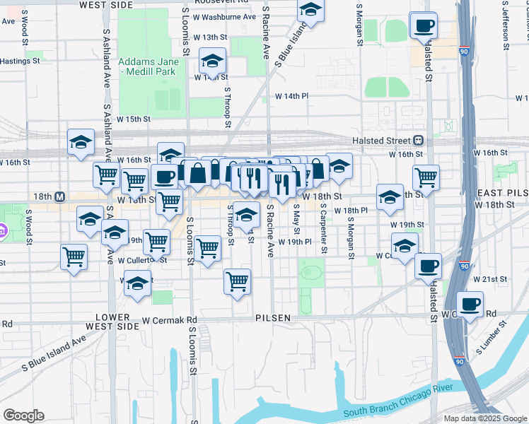 map of restaurants, bars, coffee shops, grocery stores, and more near 1813 South Allport Street in Chicago