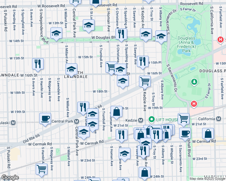map of restaurants, bars, coffee shops, grocery stores, and more near 1650 South Christiana Avenue in Chicago