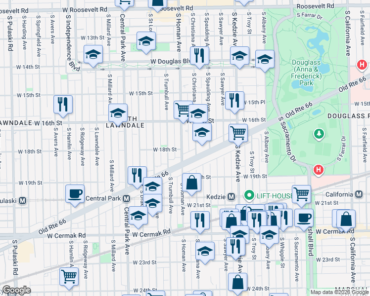 map of restaurants, bars, coffee shops, grocery stores, and more near 1650 South Christiana Avenue in Chicago