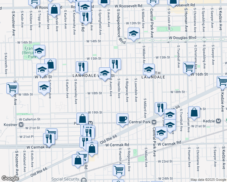 map of restaurants, bars, coffee shops, grocery stores, and more near 1648 South Avers Avenue in Chicago
