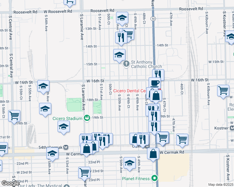 map of restaurants, bars, coffee shops, grocery stores, and more near 1621 50th Court in Cicero