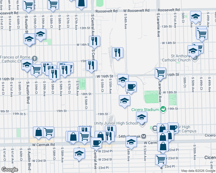map of restaurants, bars, coffee shops, grocery stores, and more near 1618 South 55th Avenue in Cicero