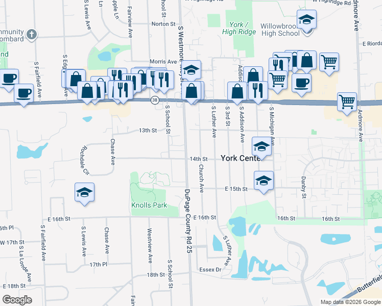 map of restaurants, bars, coffee shops, grocery stores, and more near 1316 Church Avenue in Lombard