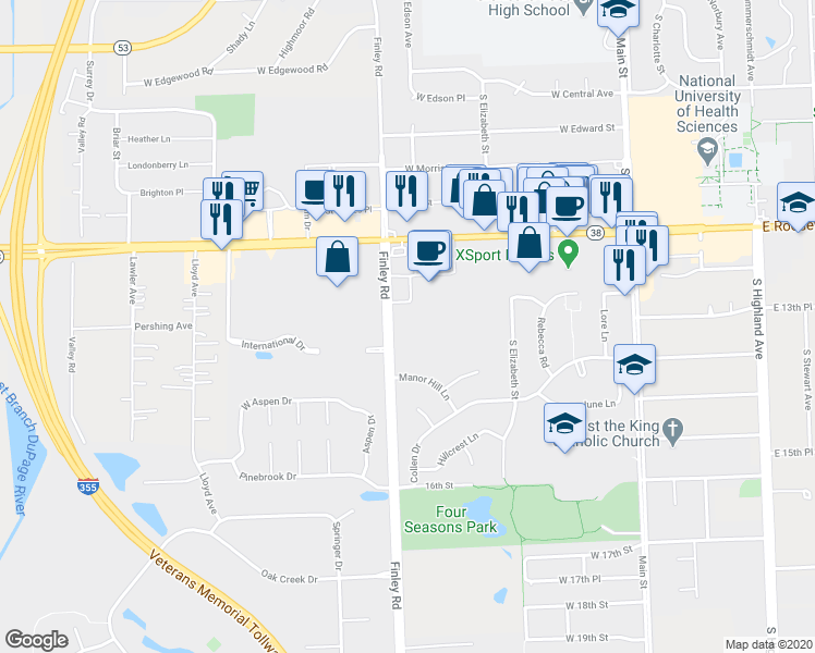 map of restaurants, bars, coffee shops, grocery stores, and more near 1321 Finley Road in Lombard