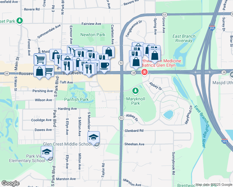 map of restaurants, bars, coffee shops, grocery stores, and more near 799 Roosevelt Road in Glen Ellyn