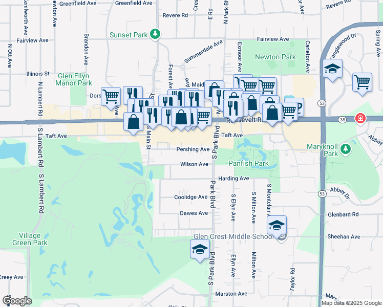 map of restaurants, bars, coffee shops, grocery stores, and more near 579 Pershing Avenue in Glen Ellyn