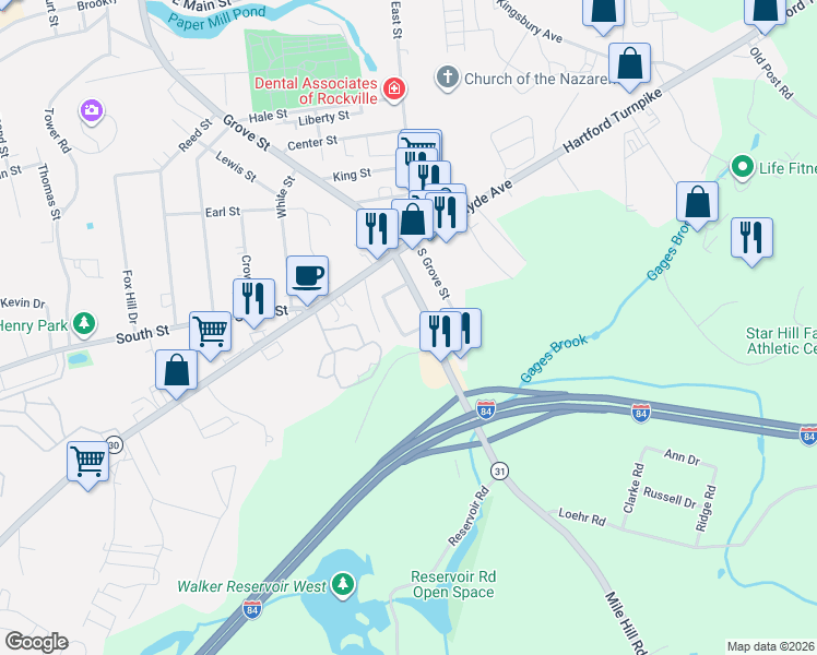 map of restaurants, bars, coffee shops, grocery stores, and more near 34 Sunrise Drive in Vernon