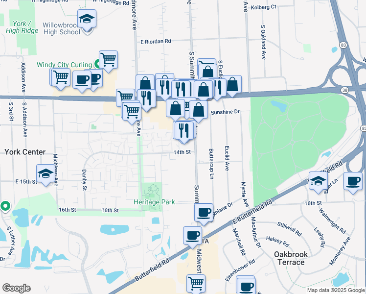 map of restaurants, bars, coffee shops, grocery stores, and more near 17W602 14th Street in Oakbrook Terrace
