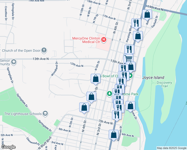 map of restaurants, bars, coffee shops, grocery stores, and more near 1106 North 5th Street in Clinton