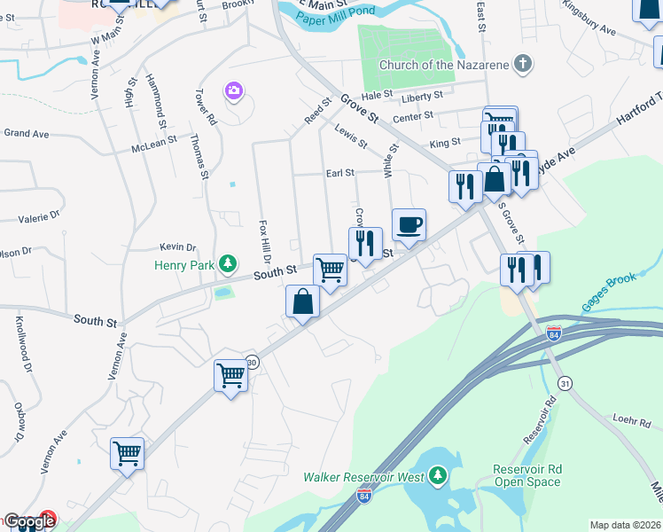 map of restaurants, bars, coffee shops, grocery stores, and more near 49 South Street in Vernon