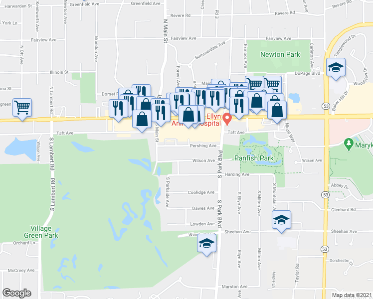 map of restaurants, bars, coffee shops, grocery stores, and more near 561 Pershing Avenue in Glen Ellyn