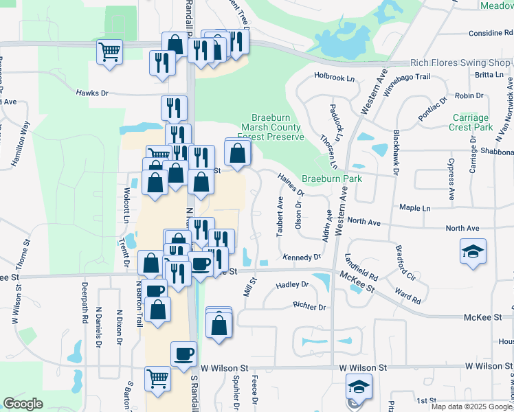 map of restaurants, bars, coffee shops, grocery stores, and more near 398 Mill Street in Batavia