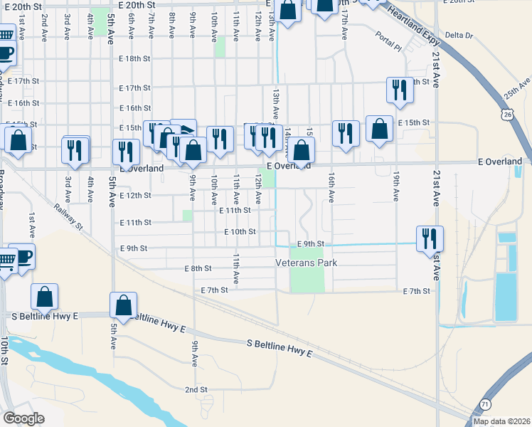 map of restaurants, bars, coffee shops, grocery stores, and more near 1201-1213 East 11th Street in Scottsbluff