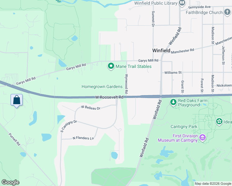 map of restaurants, bars, coffee shops, grocery stores, and more near 28W052 Roosevelt Road in Winfield