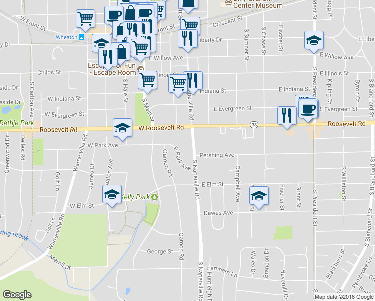 map of restaurants, bars, coffee shops, grocery stores, and more near 732 South Naperville Road in Wheaton